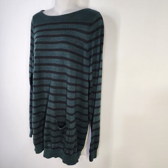 Ann Taylor LOFT Tunic Sweater Large Striped Wool Blend Boat Neck Patch Pocket - Picture 5 of 10